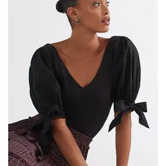 Anthropologie Maeve Black Puff Sleeve Top XS Cottagecore V-Neck Rib Blouse - Picture 1 of 9
